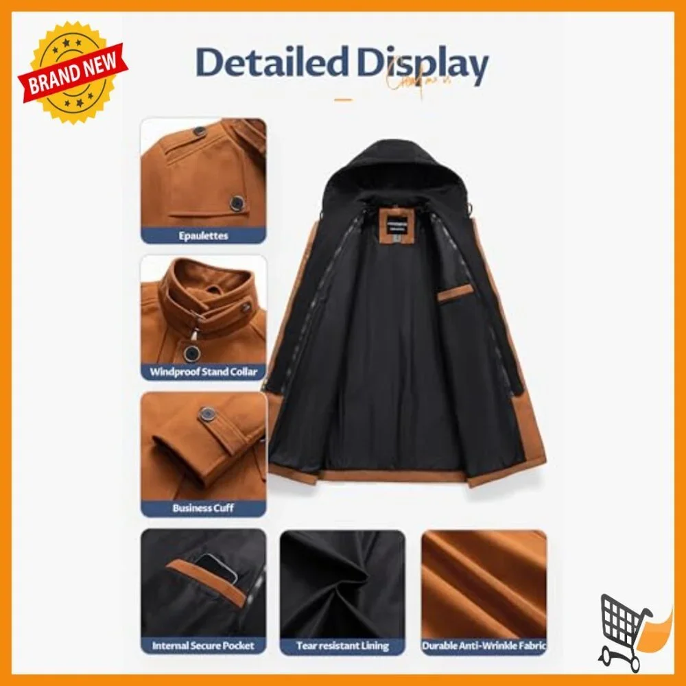 Men's Wool Blend Pea Coat with Detachable Hood, Windproof Overcoat